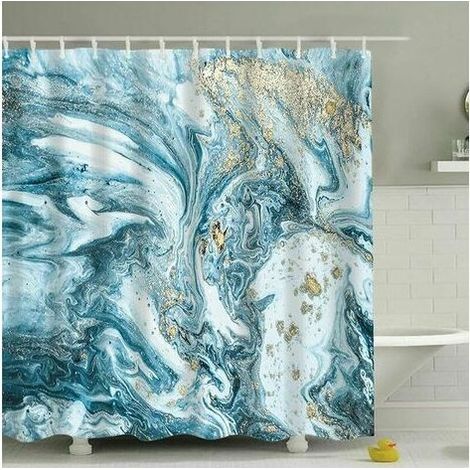 Marble shower curtain, bathroom curtain set in mineral rock with abstract blue watercolor spiral texture, with 12 hooks, 180 x 180 cm (1/5)