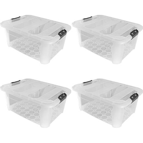 JVL Plastic Secure Clip Lidded Storage Box, Stackable & Nestable, Clear, Set of 4, 40L (1/5)