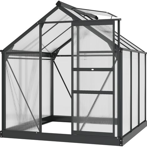 Gewächshaus aus Polycarbonat, 3,65 m², 190 x 192 x 201 cm, UV-beständig, mit verstärktem Fundament und Dachrinne – Grau