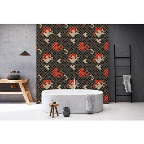 Papier peint panoramique japonais original Tapisserie panoramique moderne motif écaille Papier peint panoramique noir, rouge & beige pour salon (1/3)