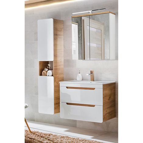 Badezimmerset in Hochglanz weiß mit Wotan Eiche Nb. LUTON-56 Keramik-Waschtisch und Spiegelschrank B/H/T ca. 131/195/46 cm (1/5)