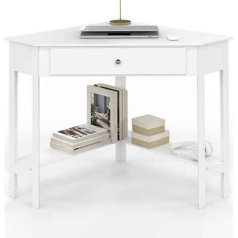 Idmarket – Bureau d'angle blanc 75x75cm – Panneaux de particules – 2 étagères 71cm – 1 tiroir 60cm – Compact et moderne pour espaces réduits
