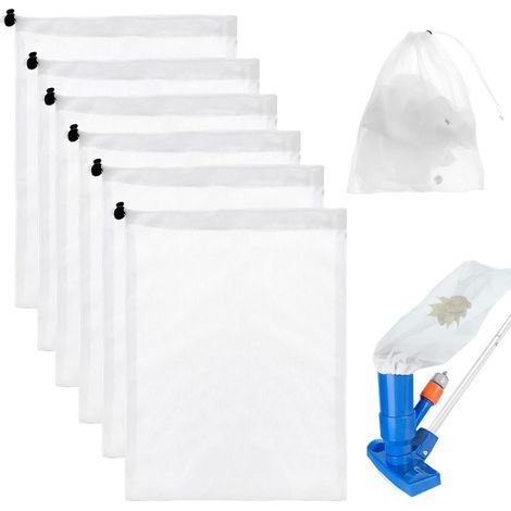 Lot de 6 sacs en maille filet pour piscine - Sacs filtrants pour piscine - Sacs en filet avec cordon de serrage - Sacs d'aspirateur de piscine - Sacs microfiltrants en maille fine pour attraper les (1/5)
