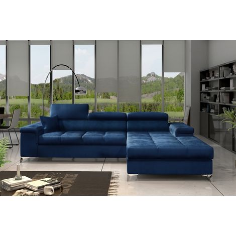 Canapé d'angle convertible 5 places en tissu velours bleu – Longueur 280 cm – Dossier mousse haute qualité – Pieds chromés (1/5)