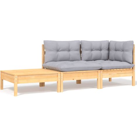 vidaXL Set Divani da Giardino 3 pz con Cuscini Grigi Massello di