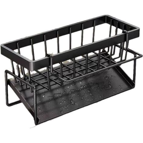 Multifunktionaler 2-in-1-Spülbecken-Organizer in Schwarz: Schwammhalter, kein Bohren erforderlich, Edelstahl, Aufbewahrung für Spülmittel, Spülbeckenstöpsel und Spültuch. (1/4)