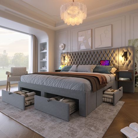 (=AB30260890G) Ensemble de lit pour chambre complète, lit capitonné double 160×200 cm avec 2 tables de chevet et 4 tiroirs, tête de lit avec lampe de lecture et fonction de charge USB, gris, velours ( (1/5)