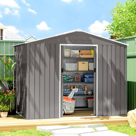 Abri de jardin en acier de 2,3 x 1,7 m avec aérations et double porte coulissante. Effet bois.