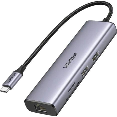 Adaptador HUB USB-C - USB-A / HDMI / RJ45 / Lector de tarjetas SD y TF / USB-C PD 100W - gris