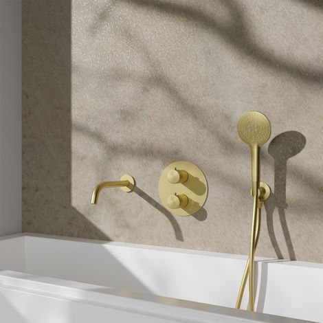 Fortifura Calvi Ensemble de robinet de baignoire - bec - 22cm recoupable - panneau de commande rond - flexible lisse - douchette ronde - élément
