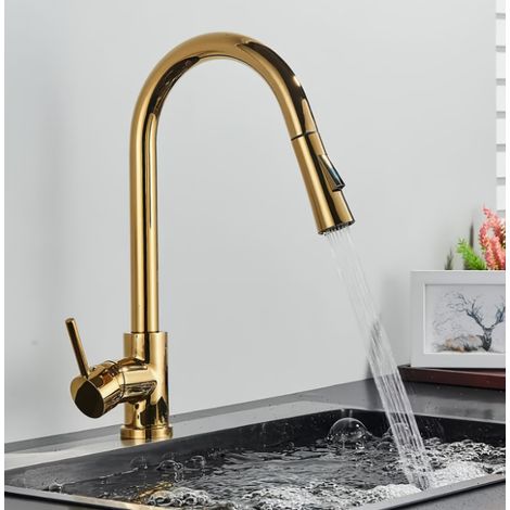 Küchenarmatur Golden mit hohem Bogen, ausziehbarem Sprühkopf & hartlackiert, Wasserhahn Küche passend für Einloch-Spülen, Ventil, drehbarer Auslaufhahn mit Schläuchen
