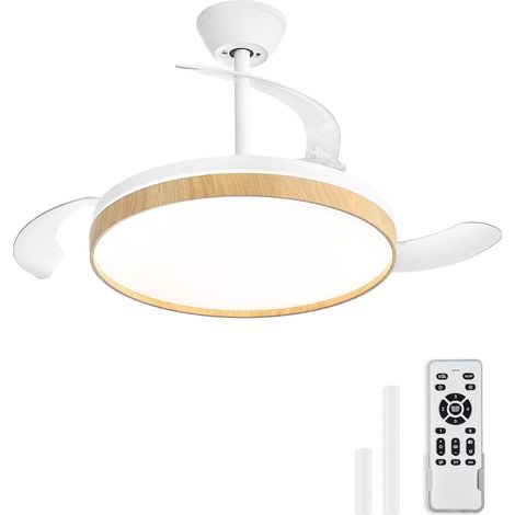 Ventilateur de plafond avec lumière 106 cm, pales rétractables invisibles, CCT 3000K–6500K, fonction été & hiver, moteur DC 30 W + LED 38 W, 6 vitesses, silencieux (Bois Clair) (1/5)