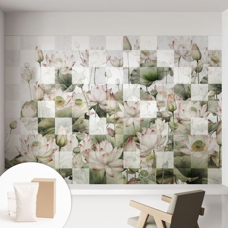 Papier peint intissé mural installation rapide du papier peint durable et résistante - Colle incluse gratuite Motifs de lotus 152x104 cm (1/5)
