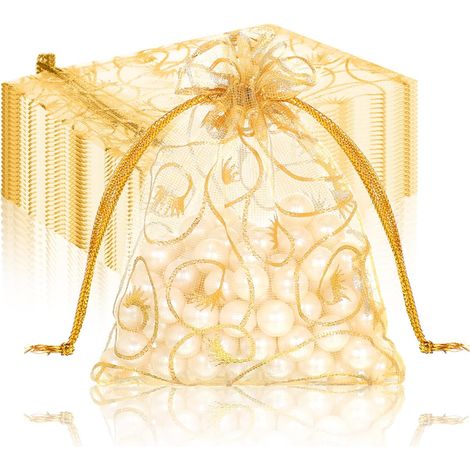 Kordelzug-Organzasäckchen, 7 x 9 cm, gold, bedruckt, Geschenksäckchen, Schmucksäckchen, klein, für Hochzeit, Taufe, 100 Stück.