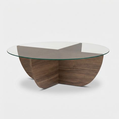 Tavolino da salotto in vetro temperato e legno design moderno Liya - Noce (1/5)