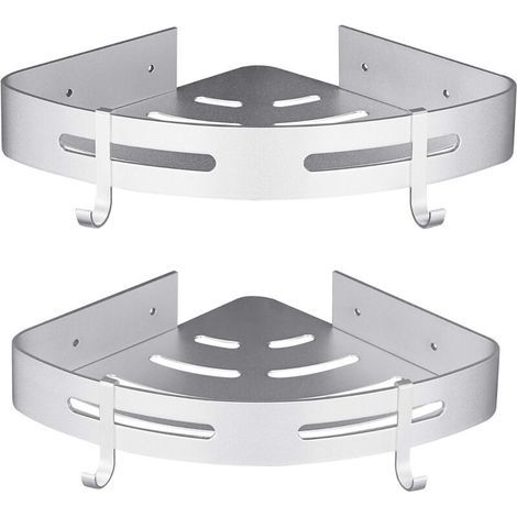 Corner Shower Shelf, No Drilling Required, Aluminum Bathroom Accessory, Set of 2, Silver with Hooks (1/5)
