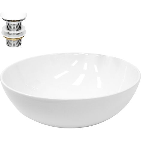 ECD Germany Lavabo Cerámica Blanco Redondo Ø 400 x 147 mm Con Juego De Drenaje Sin Rebosadero Lavamanos Moderno Sobre Encimera Pila Para Baño Aseo Fregadero Colgante Válvula De Desagüe Pop Up (1/5)