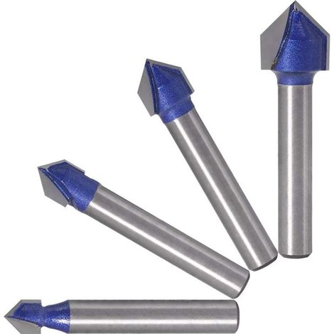 4pcs 6.35mm Tige 90°V Groove Routeur Bits Fraisage du Bois 6.35mm, 7.94mm, 9.52mm, 12.7mm Fraise à Rainurer Bits en Forme V, Outil de Coupe du Bois Bleu (1/5)