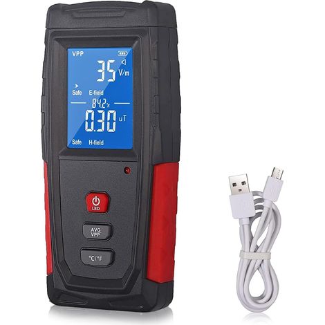 EMF-Strahlungsdetektor, elektromagnetische Welle, EMF-Messgerät, Tester, LCD-Display, integrierter Lithium-Ionen-Akku mit USB-Ladekabel mit Ton, Licht, Farbe und 3 Alarmen (1/5)