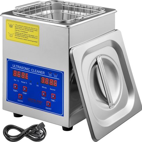 Nettoyeur Ultrasonique, Matériau : Acier Inoxydable 304, Dimensions du Réservoir : 6,9" x 6,4" x 3,9", Capacité du Réservoir : 1,8-2L, Puissance Ultrasonique : 60W, Puissance de Chauffage : 100W (1/5)