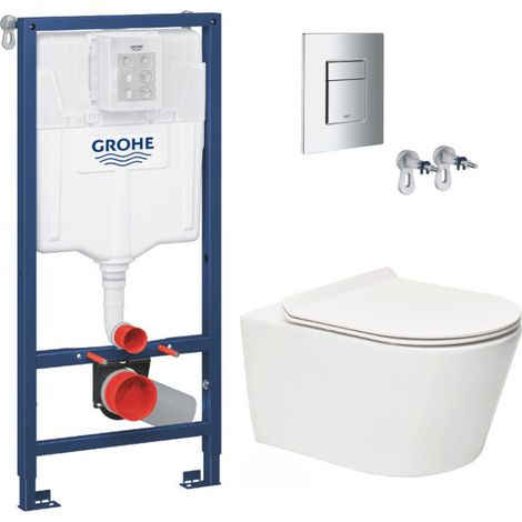 Pack WC Bâti-support Rapid SL + WC sans bride SAT Brevis + Abattant slim, softclose + Plaque chrome