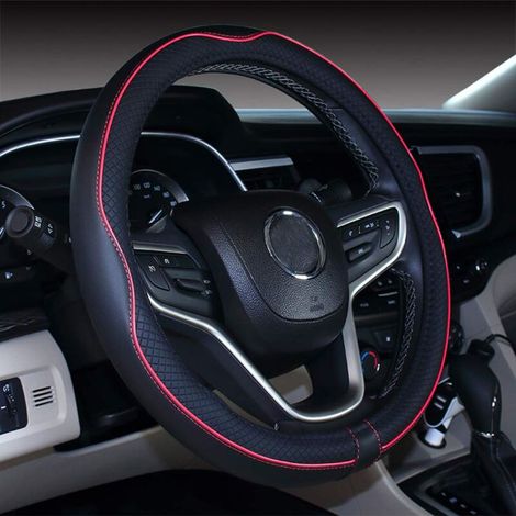 Housse de volant de voiture en cuir microfibre rouge noir 15 pouces (1/4)