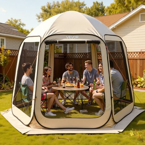 Tente Moustiquaire Pop Up 303x265x230 cm Abri Moustiquaire Pliant 4-8 Personnes Tente Portable pour Jardin Terrasse Cour Activités Plein Air, avec Sac de Transport, Piquets de Fixation, Beige (1/5)