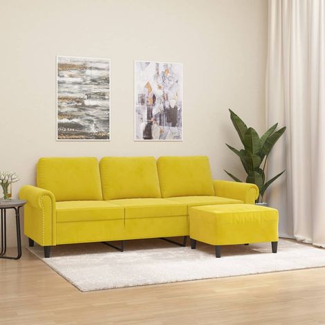vidaXL Divano a 3 Posti con Poggiapiedi Giallo 180cm in Velluto (1/5)