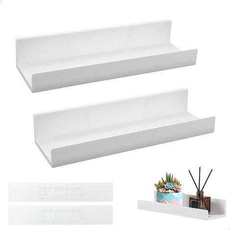Étagère Murale, Etage Mural Blanche, Etagere Murale sans Percage pour Rangement Livres/Photos, Tablette Flottant pour Salle de Bains, Salon, Cuisine, Décoration de Mural, Lot de 2 (1/5)