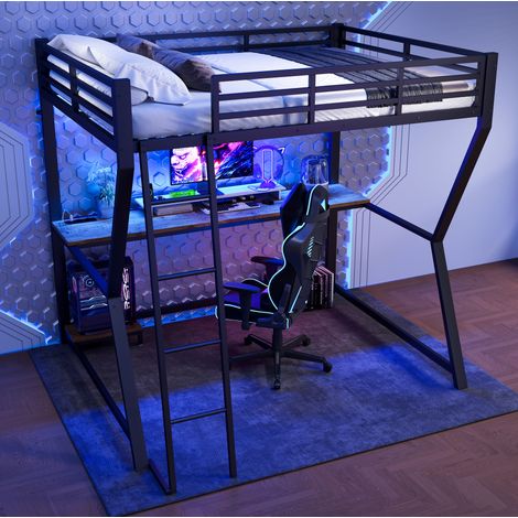 MEUBLIV Letto a soppalco 140x200 cm nero con scrivania, LED e USB, senza materasso (1/5)
