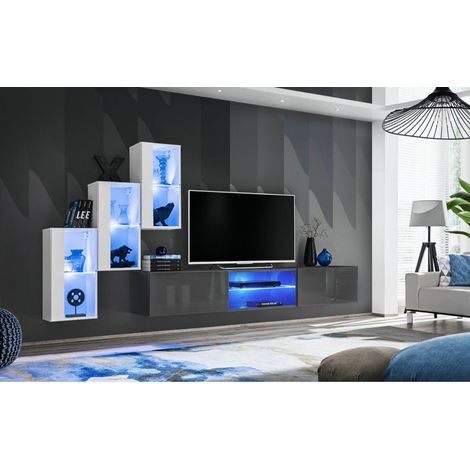 Ensemble meuble TV mural Switch XXII - L 240 x P 40 x H 170 cm - Blanc et gris - Livraison gratuite