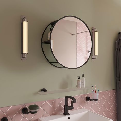 Croydex Round Bathroom Mirror, Matt Black Framing with Hidden Shelving 50 x 50cm (1/5)