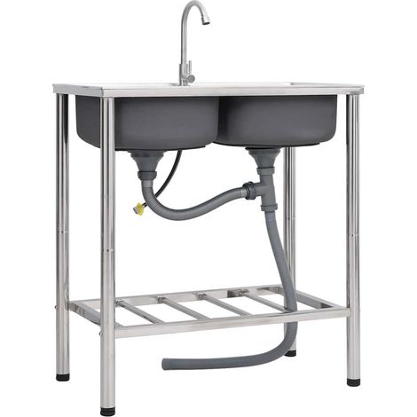 Évier de camping Double lavabo - Évier Cuisine avec robinet Acier inoxydable BV490078 - BonneVie (1/5)