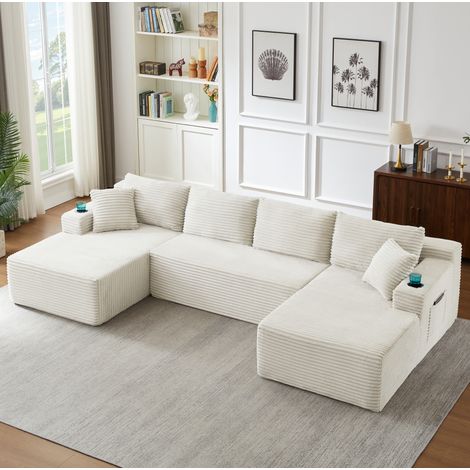 Canapé modulable en U beige en velours côtelé, assise profonde, mousse à mémoire, OKWISH (1/5)