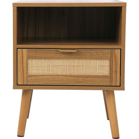 CHICFURN Tavolino da notte in rattan 45 x 40 x 55 cm noce, cassetto e vano aperto Boho (1/5)