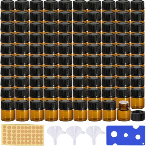 Mini Bouteilles pour Huiles Essentielles : 100 Pièces Bouteilles en Verre Brun Flacons Vides avec Autocollants, Entonnoir Et Décapsuleur, Pour Aromathérapie Et Massages (1 ml Marron) (1/5)