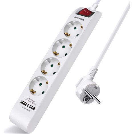 Multiprise avec 4 prises et 2 ports USB, rallonge avec interrupteur, 1,5 m, pour la maison, le bureau et les voyages, 3680 W, blanc, 1 unité (1/5)