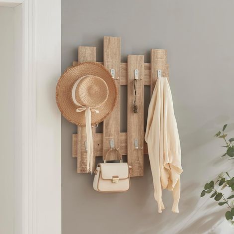 Portemanteau Mural à 16 Crochets Patère Murale Meuble d'Entrée Pratique Moderne pour Chapeaux Vestes Echarpes Sacs Panneau de Particules 80 x 60 x 3 cm Effet Chêne