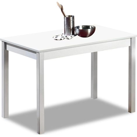 Fixe Table de Cuisine, Métal Verre Bois, Blanc, 90x50cm (1/5)