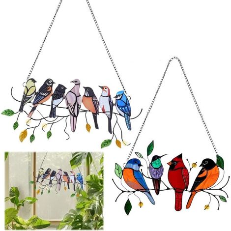 Lot de 2 décorations murales en forme d'oiseaux pour clôture de jardin, ornements de jardin en fil métallique, ornements de fenêtre multicolores à suspendre, pour décorations de jardin, de maison, de (1/4)
