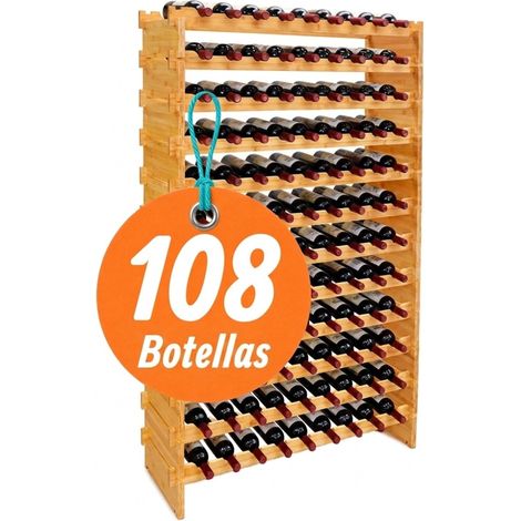 Relaxdays botellero de bambú, 108 botellas, 159 x 85 x 25,5 cm, vino tinto y blanco, apilable, natural