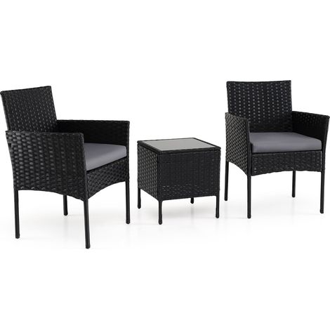 3-teiliges Rattan-Gartenmöbelset mit Kissen und Glastisch