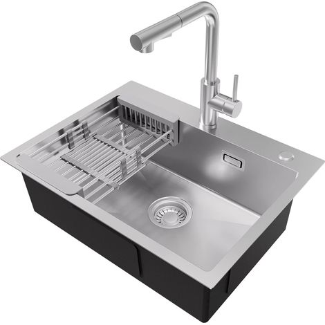 Évier de cuisine en acier inoxydable 304 – Design cascade à une cuve, 60 x 45 cm, évier sous-plan type poste de travail avec bonde (1/5)