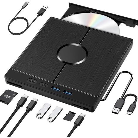 Lecteur graveur CD DVD externe USB 3.0 Type-C – Lecteur portable compatible PC ordinateur portable MacBook et Windows – Lecture et gravure CD DVD – Compatible Linux et Mac OS (1/5)