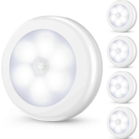 Set mit 4 LED-Nachtlichtern mit Bewegungsmelder, kabellos, batteriebetrieben, magnetisch und selbstklebend, für Schränke und Treppen, sichere Beleuchtung, kaltweiß. (1/5)