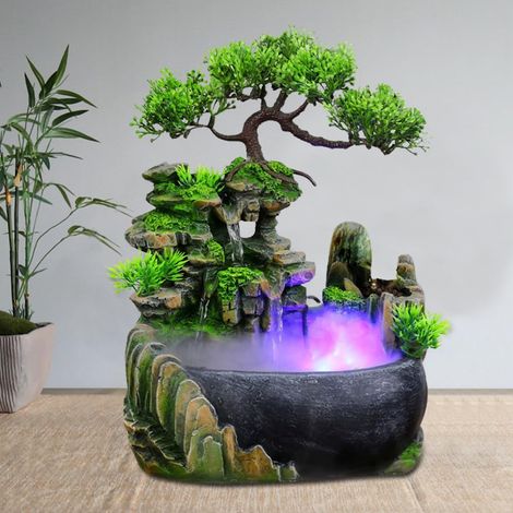 Zimmerbrunnen mit LED Wohnzimmer Wasserfall Tischbrunnen, Steingarten Wasserbrunnen Schreibtisch Chinesisch Fengshui Wasserfall Tischplatte Bonsai Ornament Grünpflanzen Zimmerbrunnen