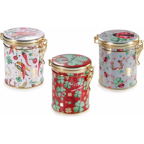 Barattoli alimentari in metallo con chiusura ermetica decori portafortuna a cornetto, quadrifoglio e coccinella, set da 6 pezzi, cm 11,5 x 9 x 12 H