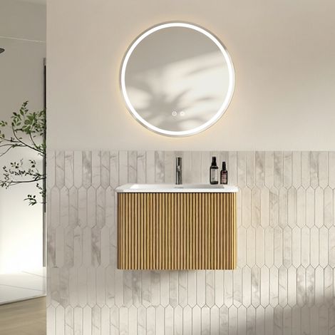 Conjunto de muebles de baño con espejo, mueble de lavabo de 60 cm con mueble bajo, armario de baño suspendido, premontado, armario a rayas con un cajón, acabado en roble. (1/5)