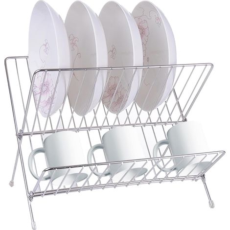 Foldable Dish Drainer with Drainer, X Shape 2 Tier Stainless Steel Dish Drainer Foldable Dish Drainer Dish Drainer Foldable Dish Drainer for Kitchen Sink (1/5)
