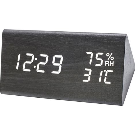 Green Mobility-Reveil triangle de temperature et d'humidite en bois a LED 9069 (chargement USB ou batterie a double usage, livraison sans piles, caracteres blancs en bois noir caracteres blancs en boi (1/5)